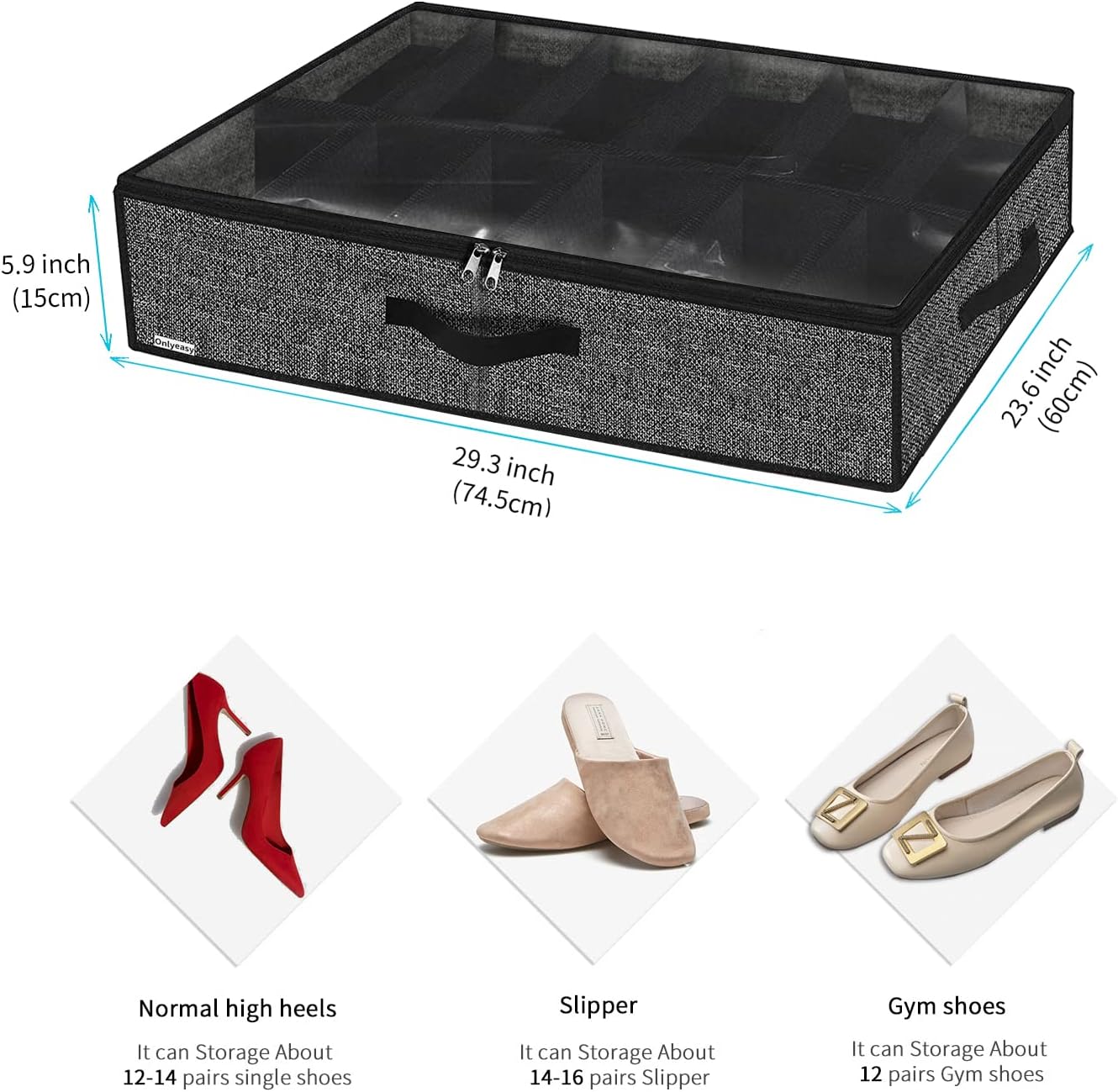 Sturdy Under Bed Shoe Storage Organizer, Set of 2, Fit 12 to 24 Pairs, Underbed Shoes Closet Storage Solution with Clear Window, Breathable, L29.3 x W23.6 x H5.9, Linen-like Black