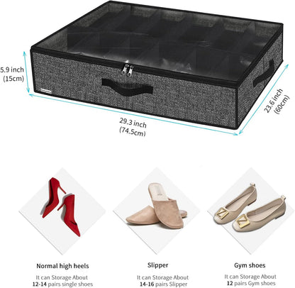 Sturdy Under Bed Shoe Storage Organizer, Set of 2, Fit 12 to 24 Pairs, Underbed Shoes Closet Storage Solution with Clear Window, Breathable, L29.3 x W23.6 x H5.9, Linen-like Black