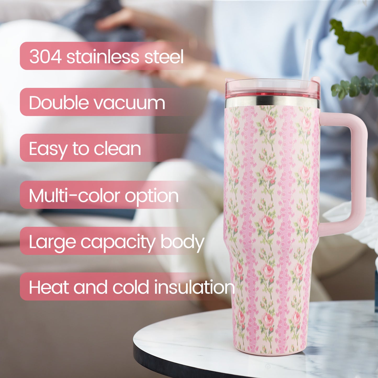 40 oz Flower Tumbler with Handle and Straw,Stainless Steel Insluated Cups Reusable Vacuum Travel Coffee Mug