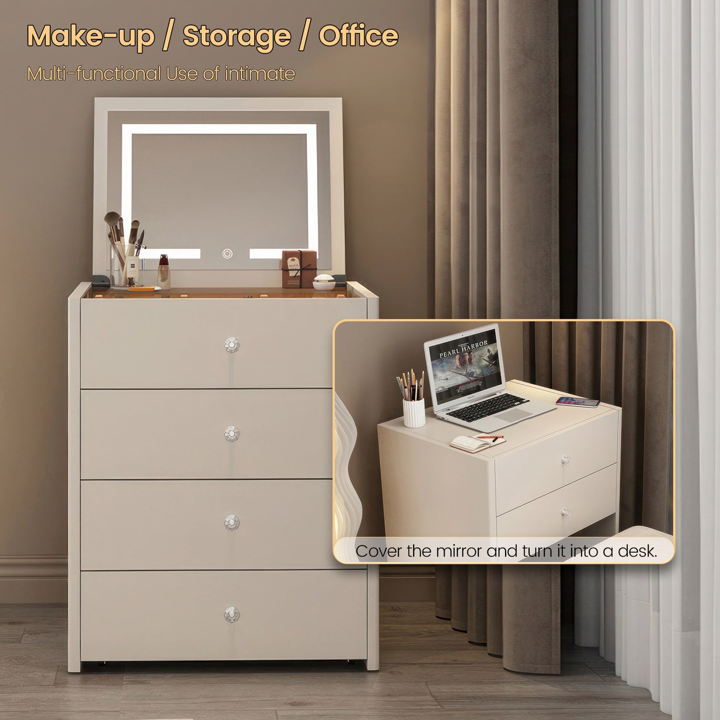 Integrated Small Vanity Desk with Mirror,Flip Top Lighted Mirror Makeup Table,Compact Makeup Vanity with 4 Drawers,Corner Vanity Desk,Soft Makeup Stool,Transparent Top Countertop