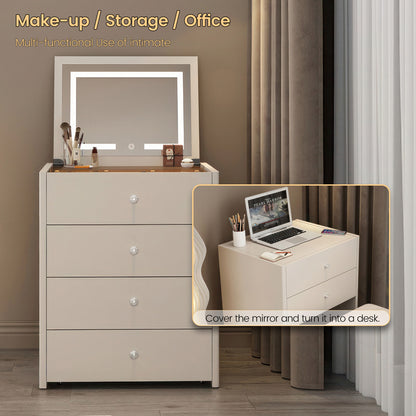 Integrated Small Vanity Desk with Mirror,Flip Top Lighted Mirror Makeup Table,Compact Makeup Vanity with 4 Drawers,Corner Vanity Desk,Soft Makeup Stool,Transparent Top Countertop