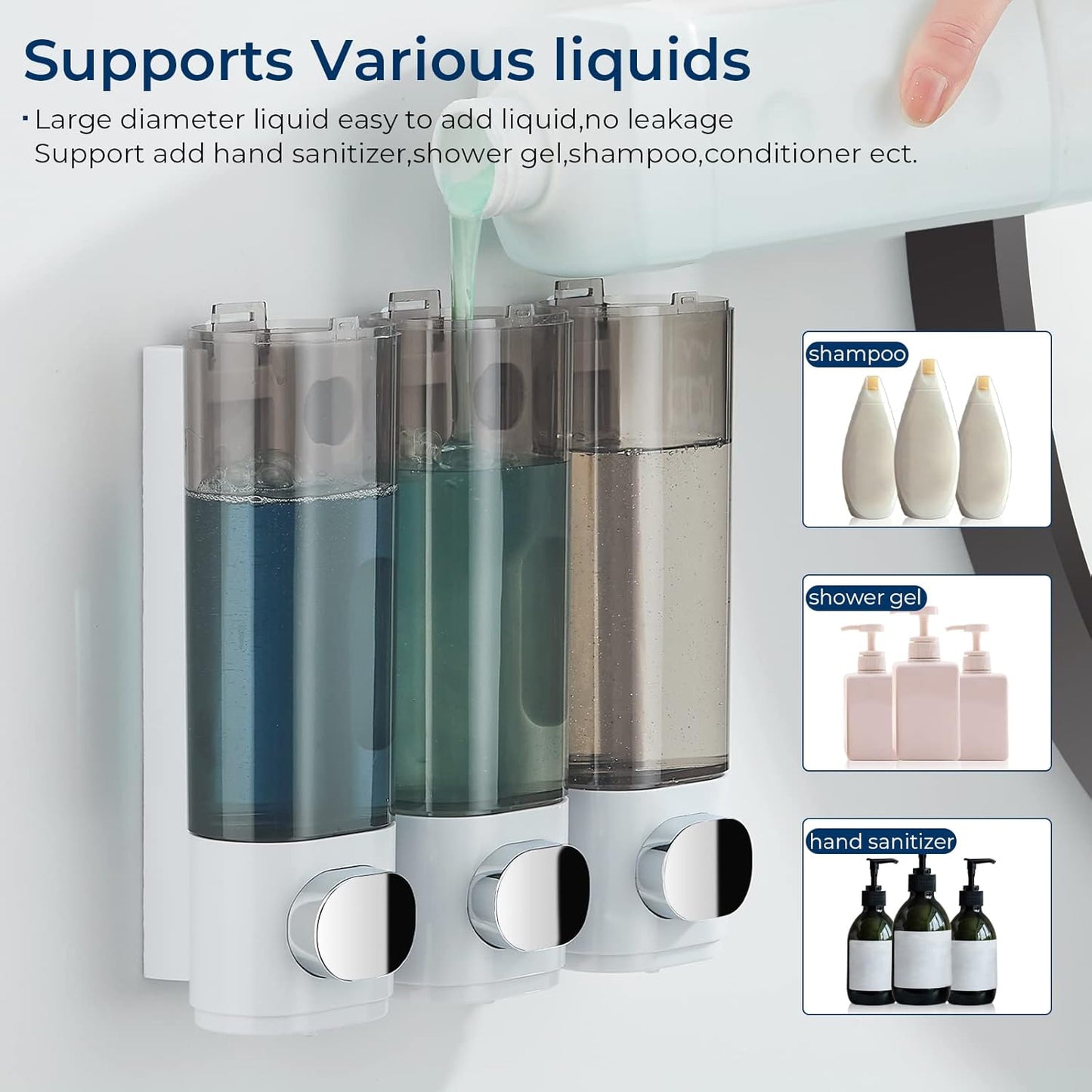 Shampoo and Conditioner Dispenser, Pollock Shower Soap Dispenser 3 Chamber No Drill, Wall Mounted Shampoo Body Wash Conditioner for Bathroom Large