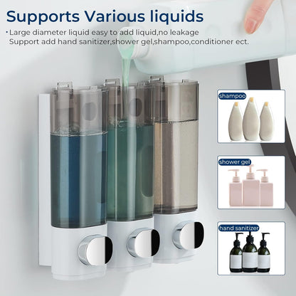 Shampoo and Conditioner Dispenser, Pollock Shower Soap Dispenser 3 Chamber No Drill, Wall Mounted Shampoo Body Wash Conditioner for Bathroom Large