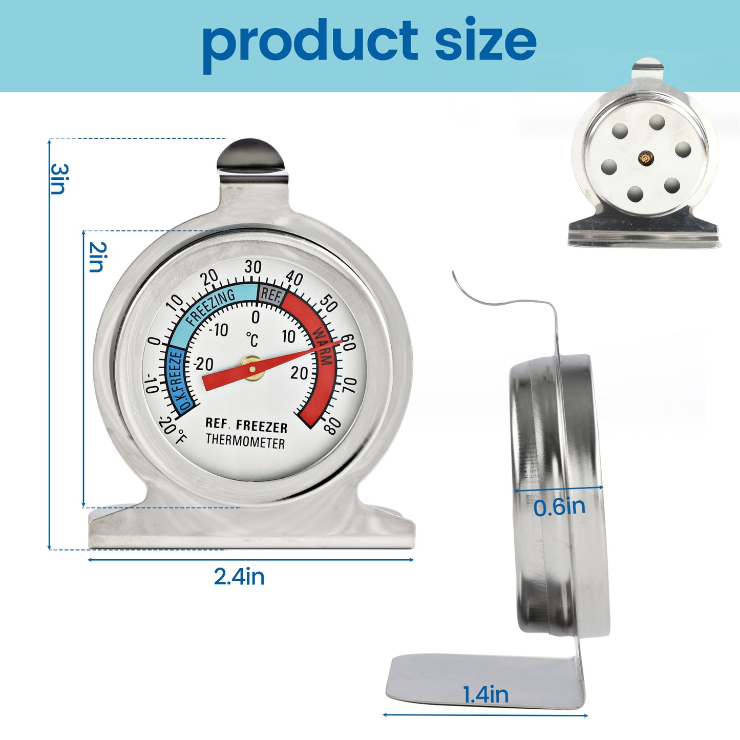 Refrigerator Thermometer, -30~30°C/-20~80°F, Classic Fridge Analog Thermometer Large Dial with Red Indicator Thermometer for Freezer Refrigerator Cooler