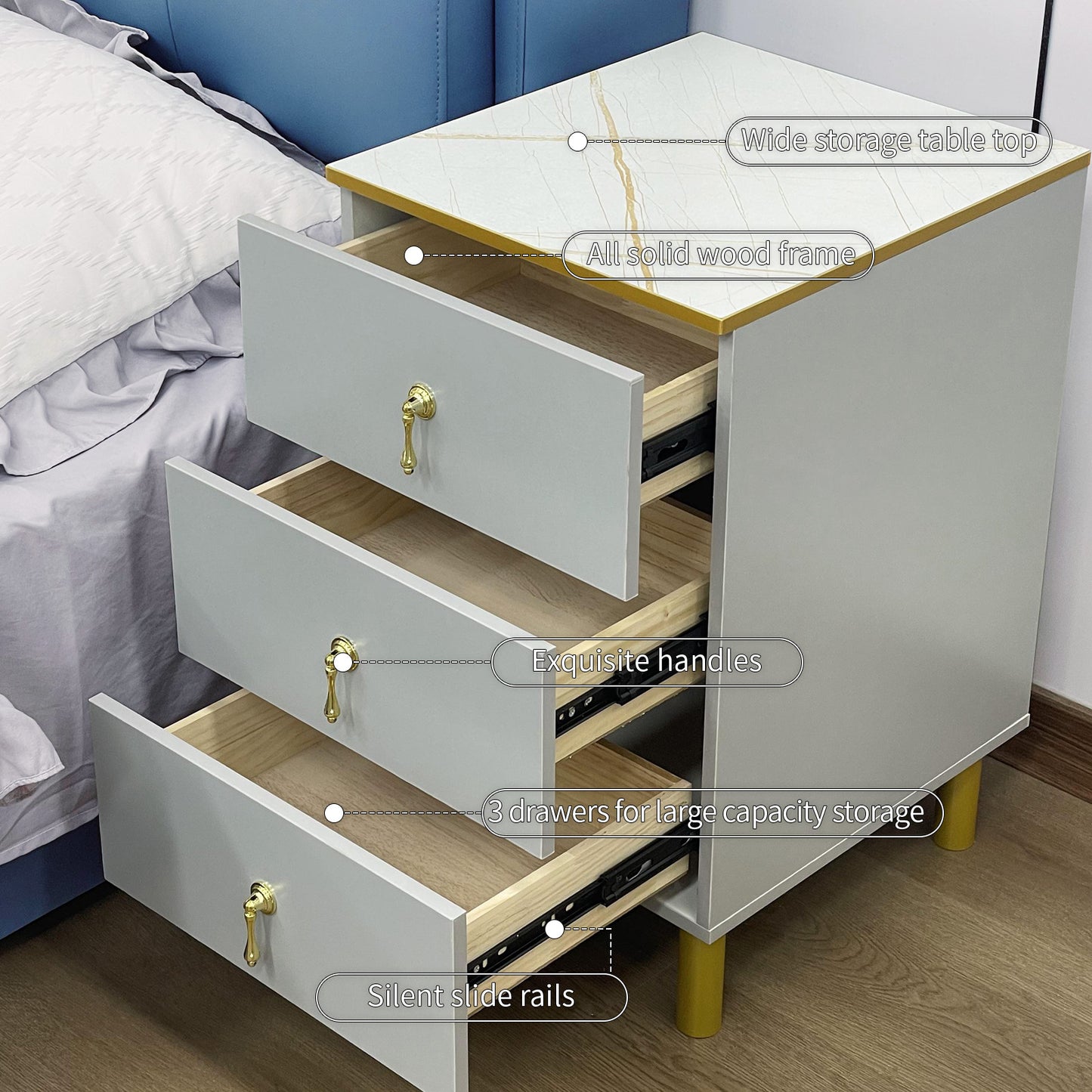 Nightstand with three drawers(Gray）