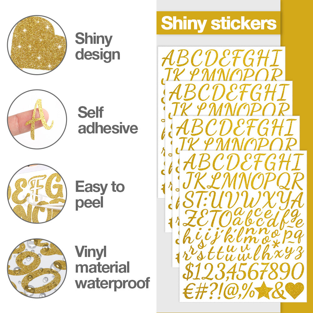 4 Sheets Gold Glitter Letter Stickers 1 Inch, Gold Alphabet Letter and Number Vinyl Stickers Waterproof, Golden Glitter Stickers Self-Adhesive Water Bottles Scrapbooking Mailbox Poster Sign Grad Cap