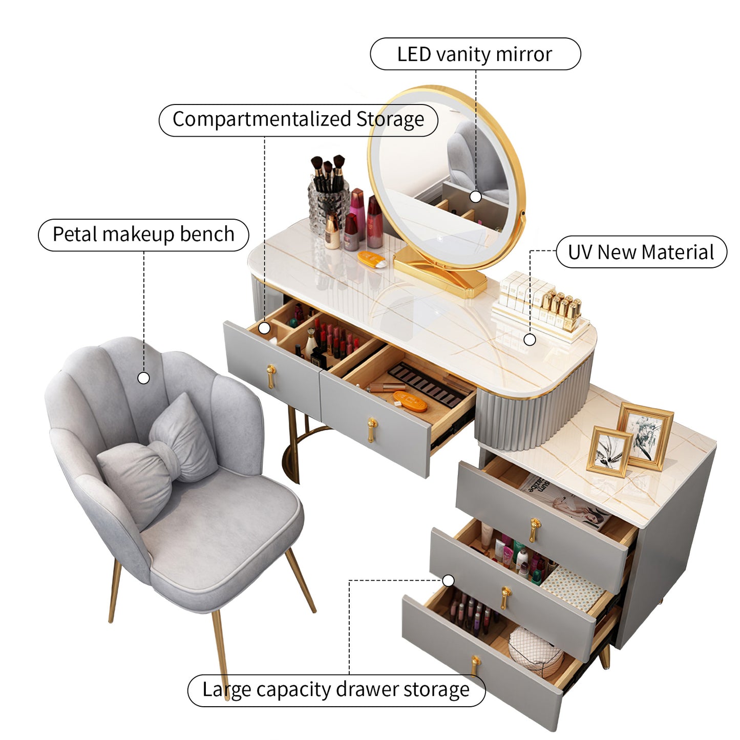 Light gray with gold accents marble top makeup vanity set