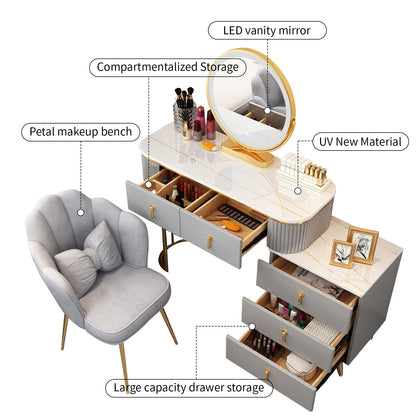 Light gray with gold accents marble top makeup vanity set