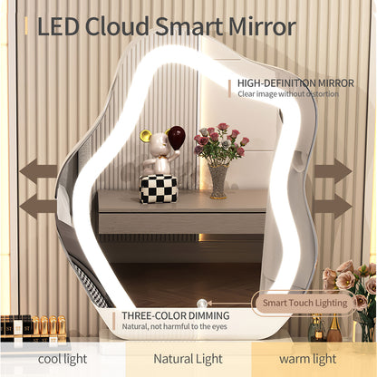 Vanity Desk with Mirror and Lights,Modern Vanity Set with Movable Cabinet,Large Capacity Drawers and Petal Chair