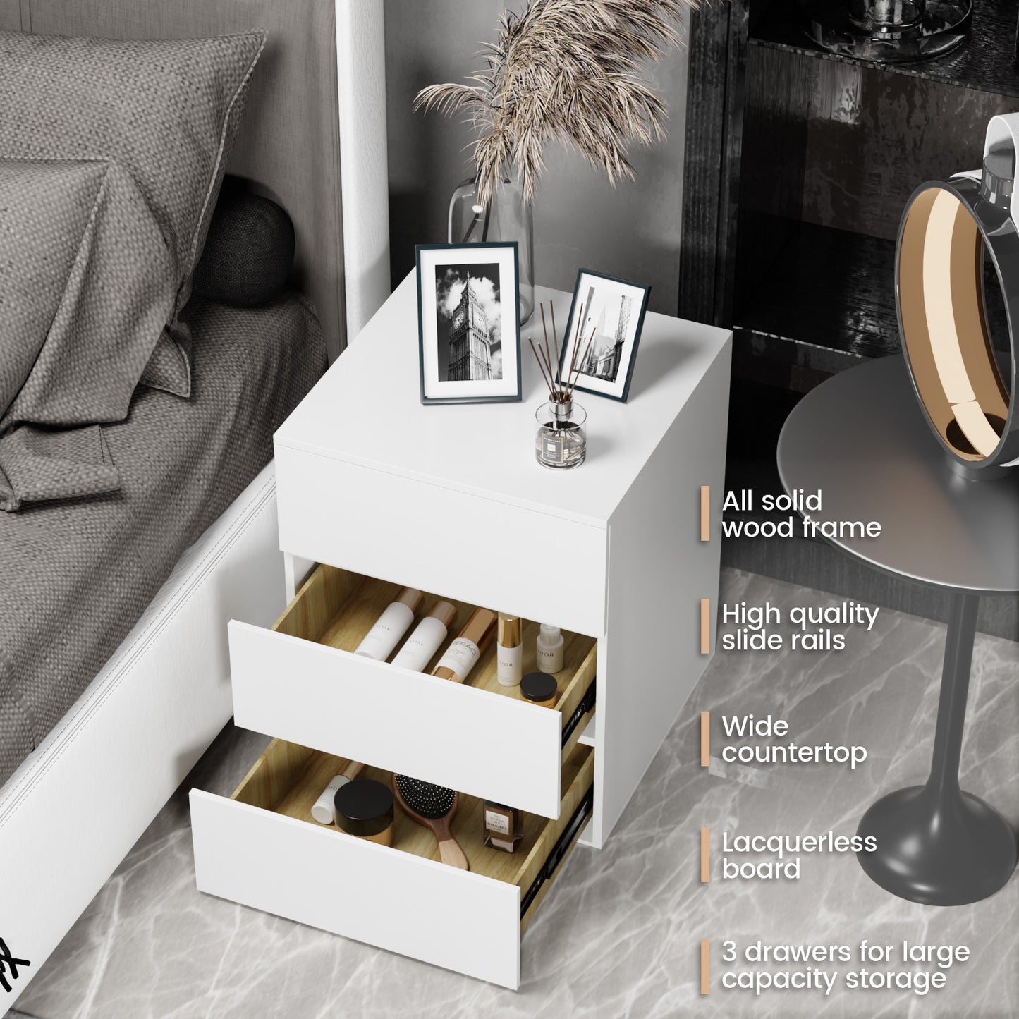 Press Type Nightstand with three drawers(White)