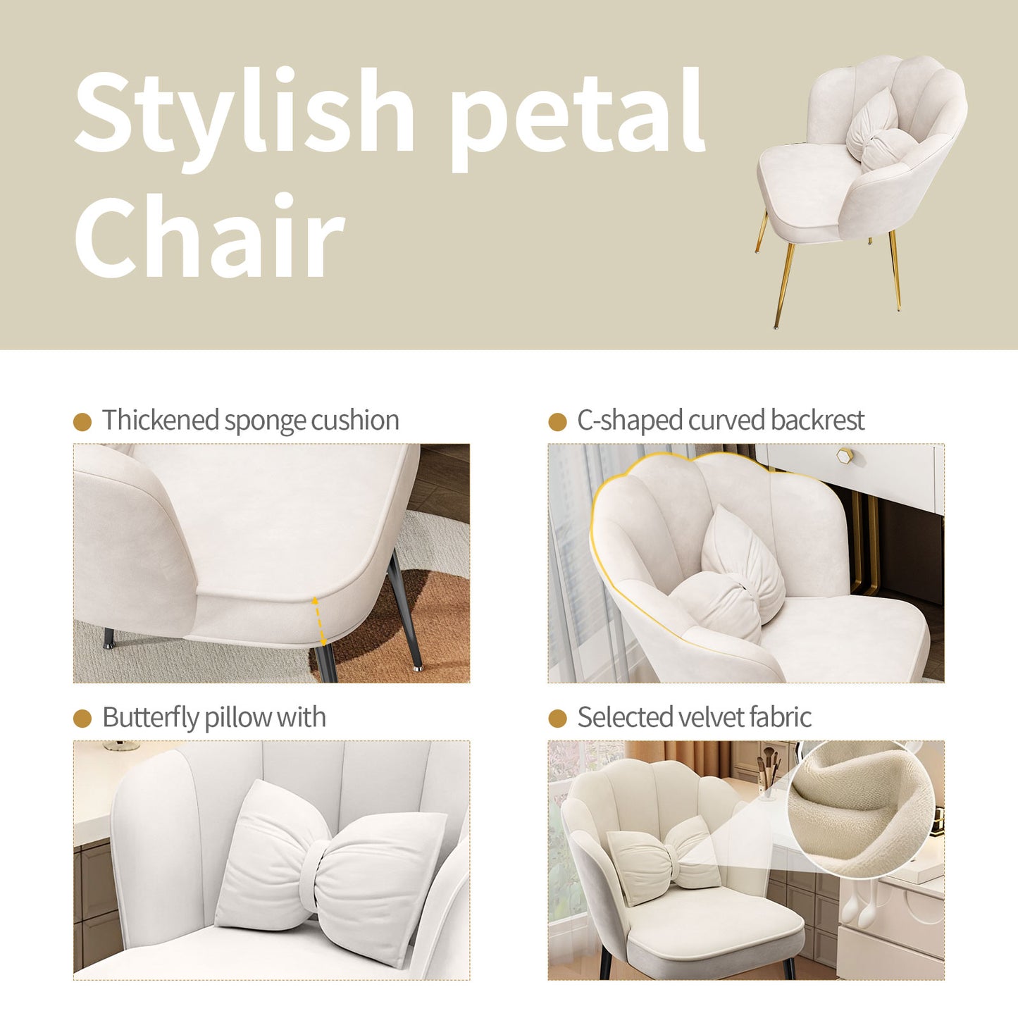 Petal Vanity Chair Leisure Accent Chair with Golden Metal Legs(White and Black Chair)