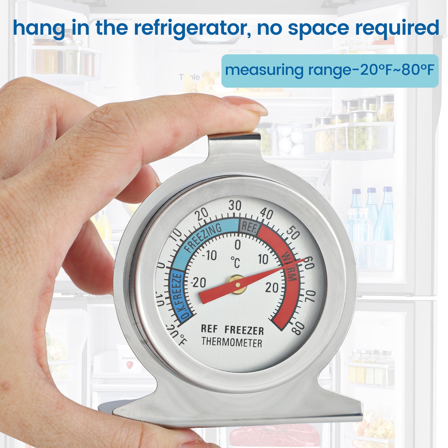 Refrigerator Thermometer, -30~30°C/-20~80°F, Classic Fridge Analog Thermometer Large Dial with Red Indicator Thermometer for Freezer Refrigerator Cooler