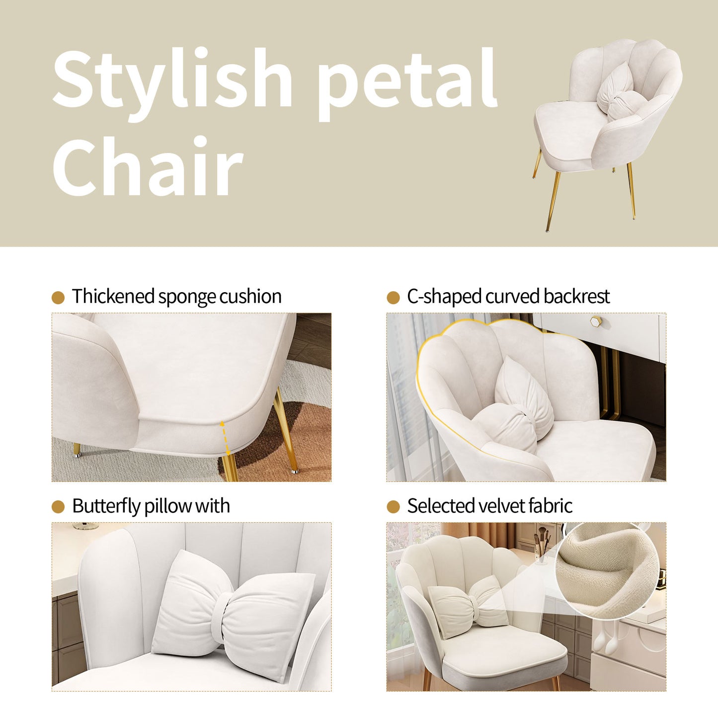 Petal Vanity Chair for Makeup Room - Vanity Chair with Metal Legs, Makeup Chair for Bedroom (White)