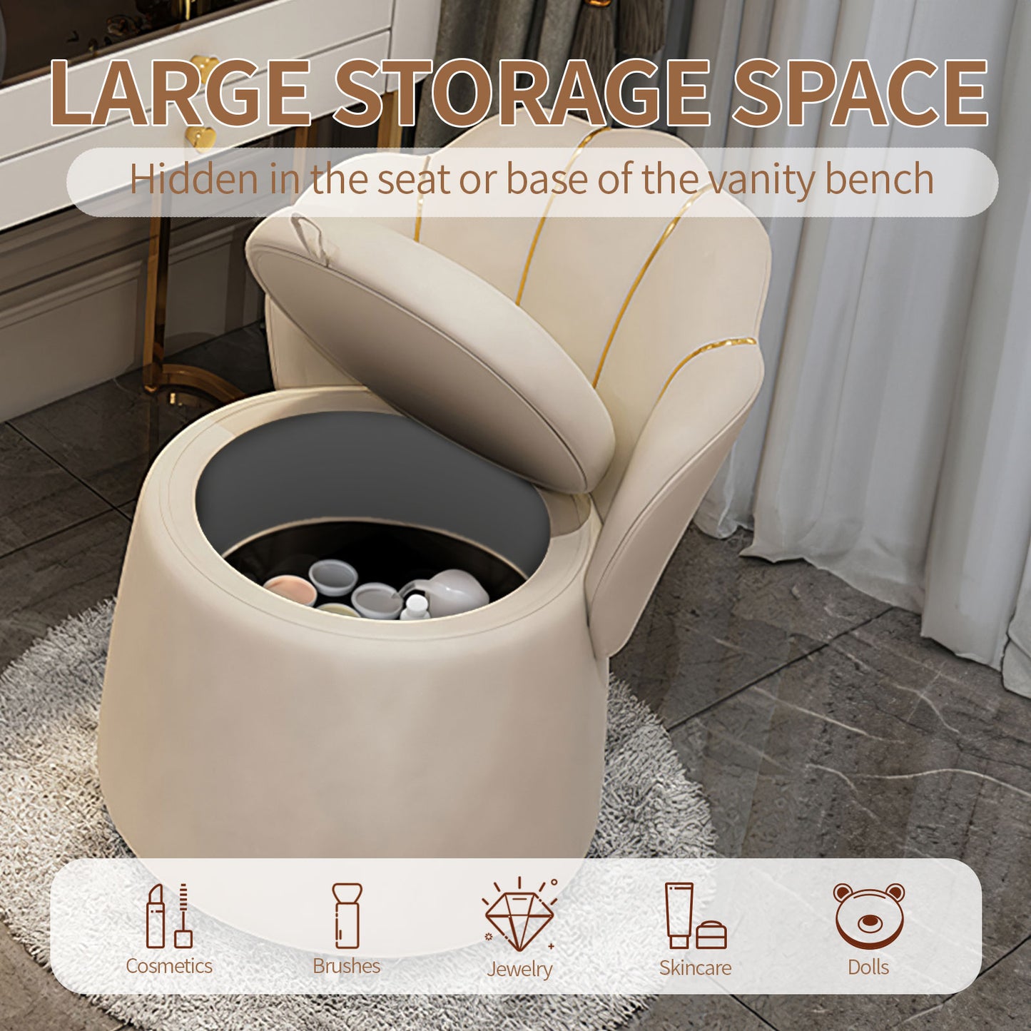 Makeup Vanity Chair,Begonia-Shaped chair Vanity Stool with Built-in Storage and Comfortable Backrest (White)