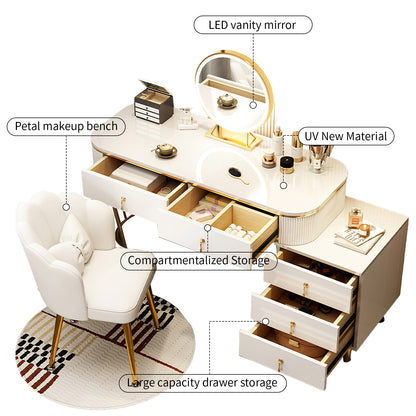 White Makeup Vanity Desk with Smart Adjustable 3-Color Lighted Mirror,5 Solid Wood Drawers&Petal Chair, Modern Dressing Table Suitable for Bedroom, for Girls Women Gifts