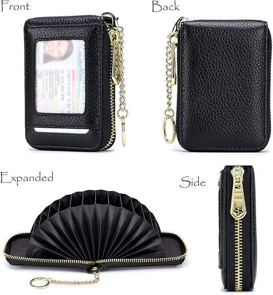 Blocking Card Holder Genuine Leather Credit Card Case Organizer Compact Wallet Zip Around Accordion Style