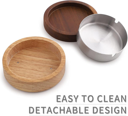 Wooden Ashtray with Lid for Smokers Stainless Steel Liner Ash Tray Windproof Durable Easy to Clean Cool Ashtrays for Indoor or Outdoor Use, Patio, Office & Home