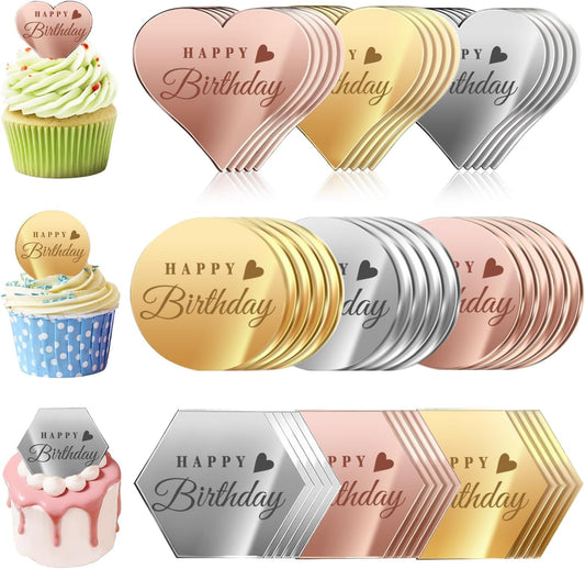 45PCS Happy Birthday Cake Toppers, Mirror Acrylic Cupcake Toppers 3 Multi-shape & 3 Different Color Custom Cupcake Picks for Birthday Party Anniversary Pastries Decorations