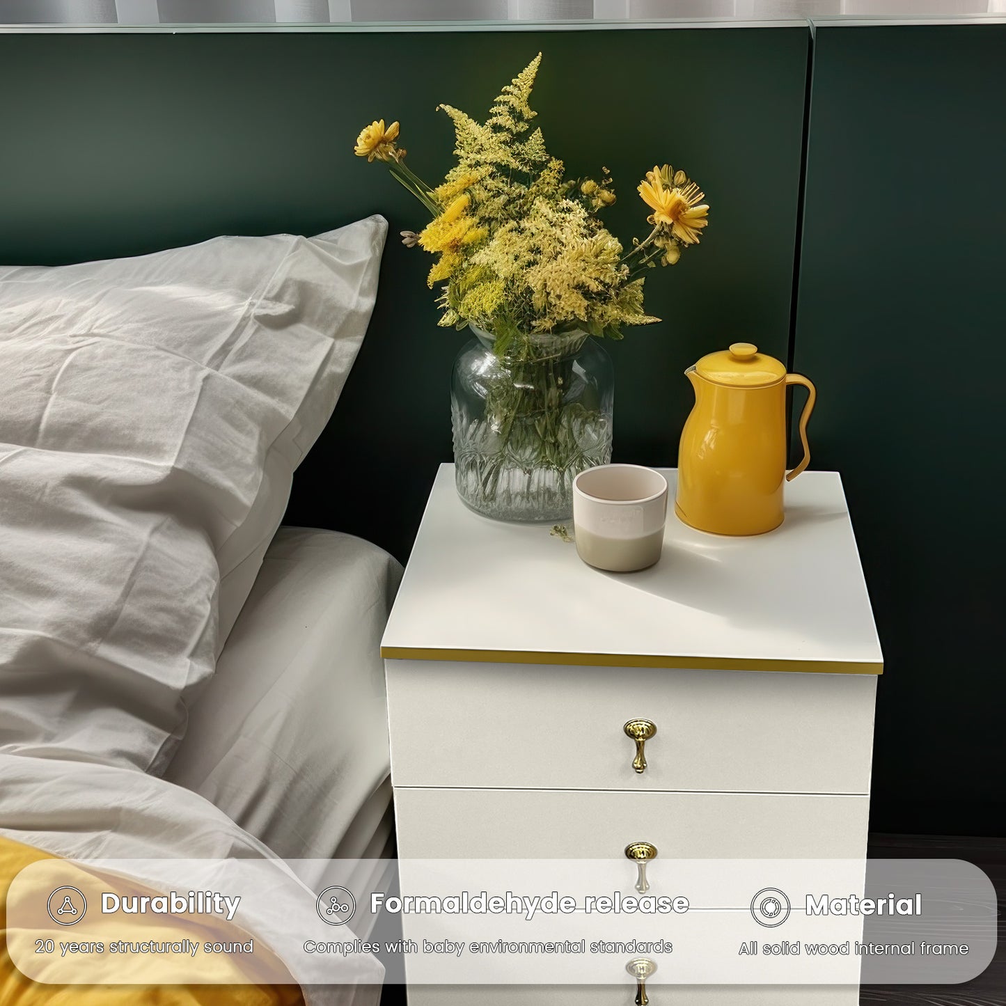 Nightstand with three drawers(White）