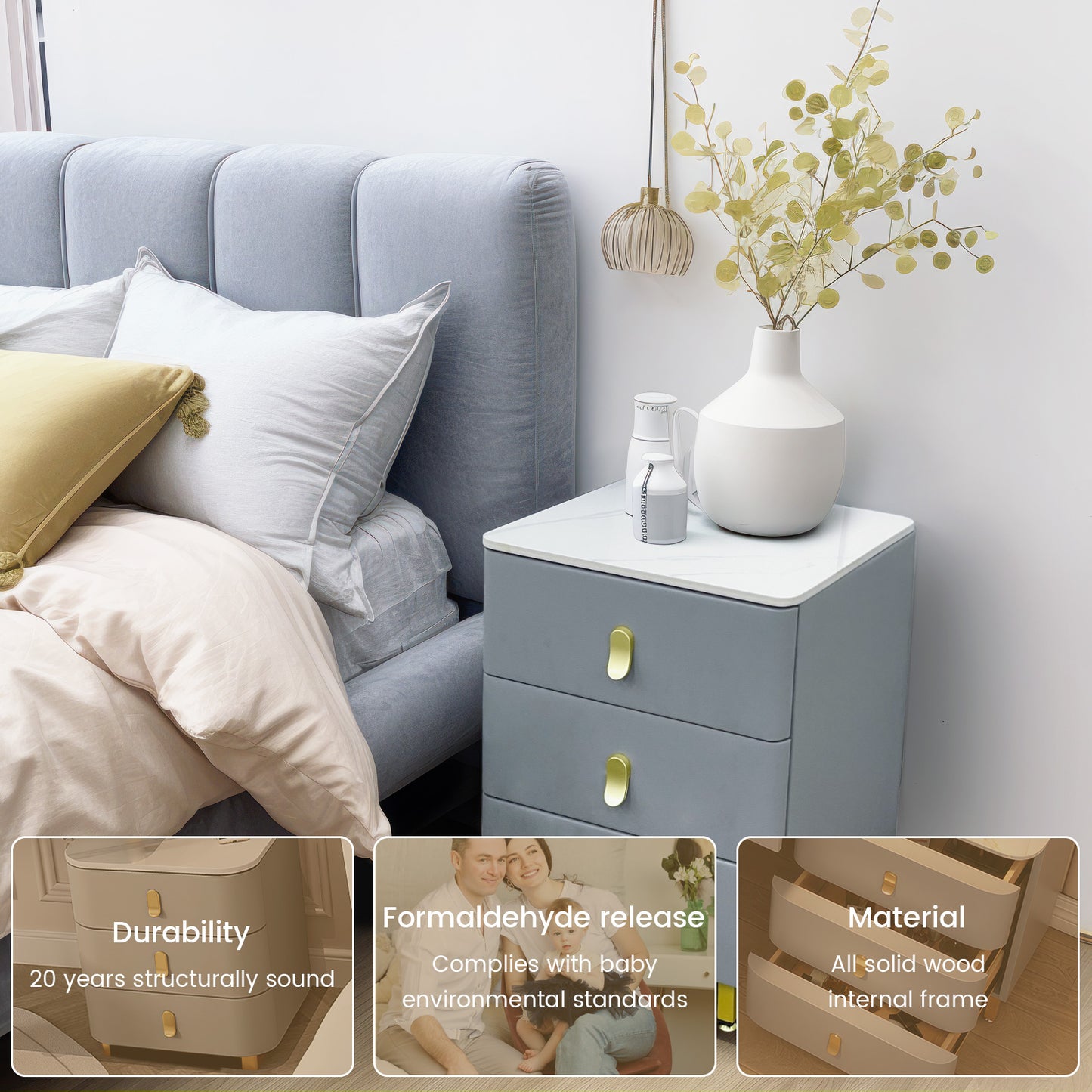 Modern Wood Nightstand,Home  Bedside Tables Dresser with 3 Drawers,Wood Storage Chest of Drawers(Gray)