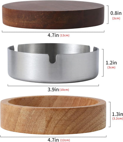 Wooden Ashtray with Lid for Smokers Stainless Steel Liner Ash Tray Windproof Durable Easy to Clean Cool Ashtrays for Indoor or Outdoor Use, Patio, Office & Home