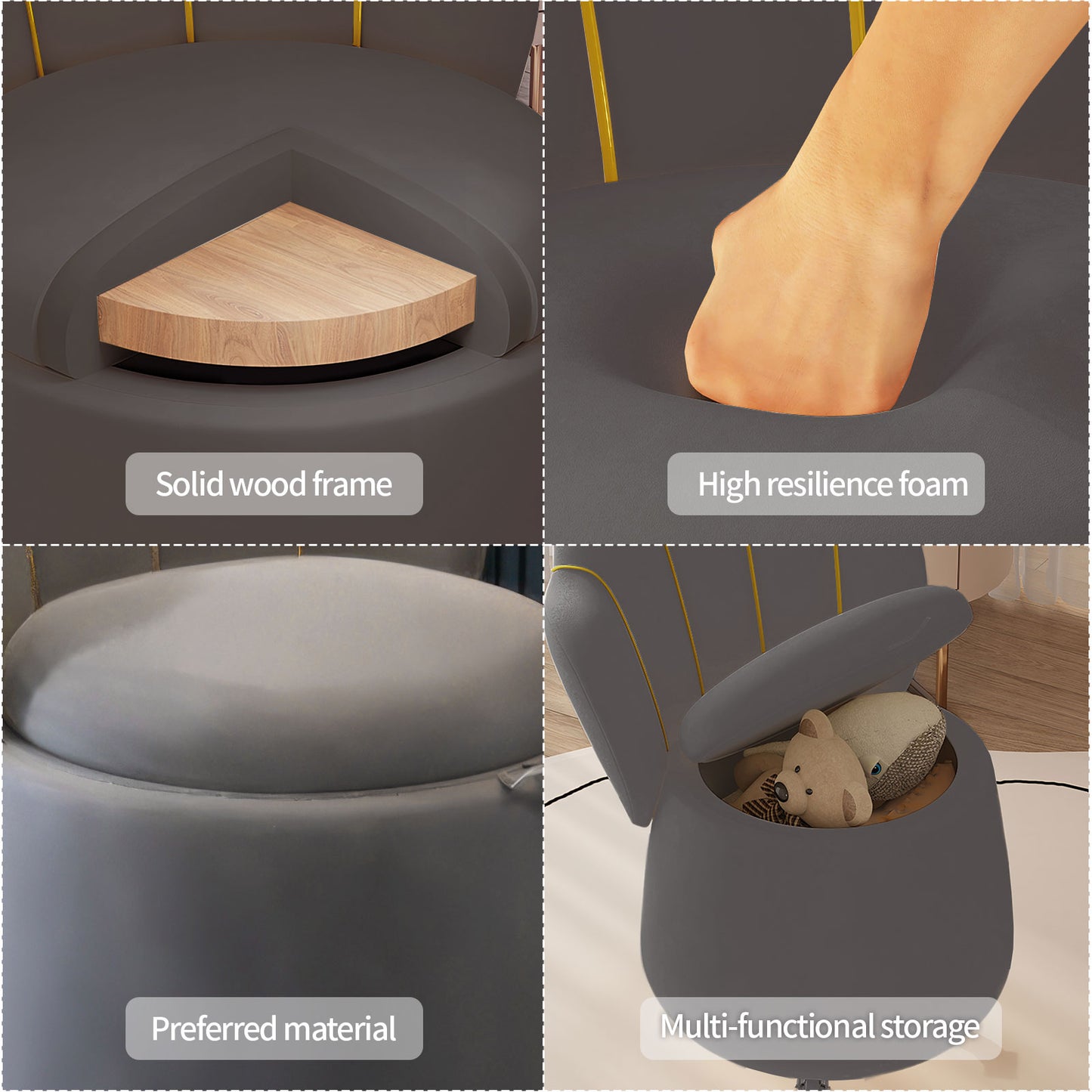 Makeup Vanity Chair,Grey Storage Stool