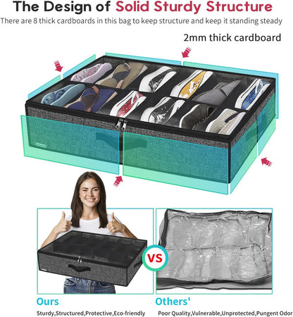 Sturdy Under Bed Shoe Storage Organizer, Set of 2, Fit 12 to 24 Pairs, Underbed Shoes Closet Storage Solution with Clear Window, Breathable, L29.3 x W23.6 x H5.9, Linen-like Black