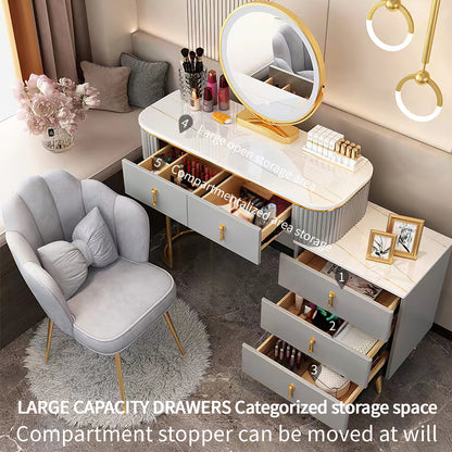 Light gray with gold accents marble top makeup vanity set