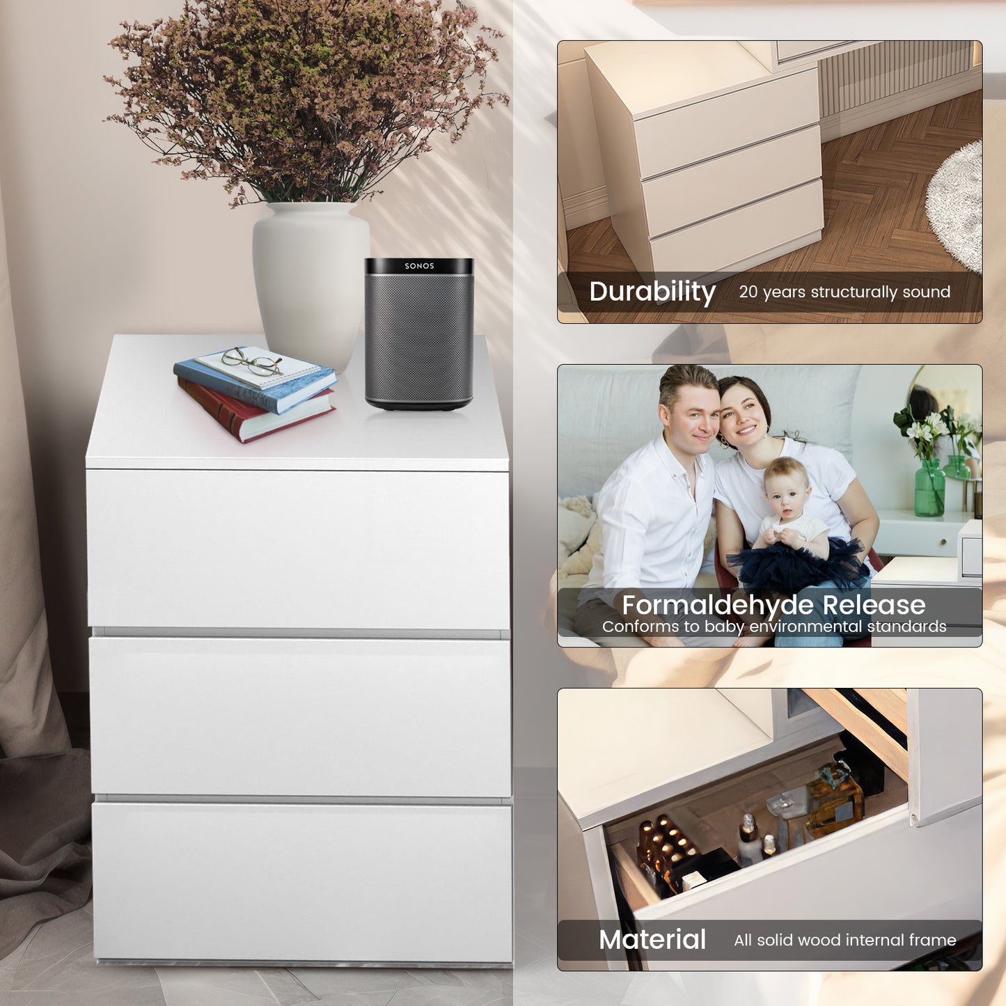 Press Type Nightstand with three drawers(White)