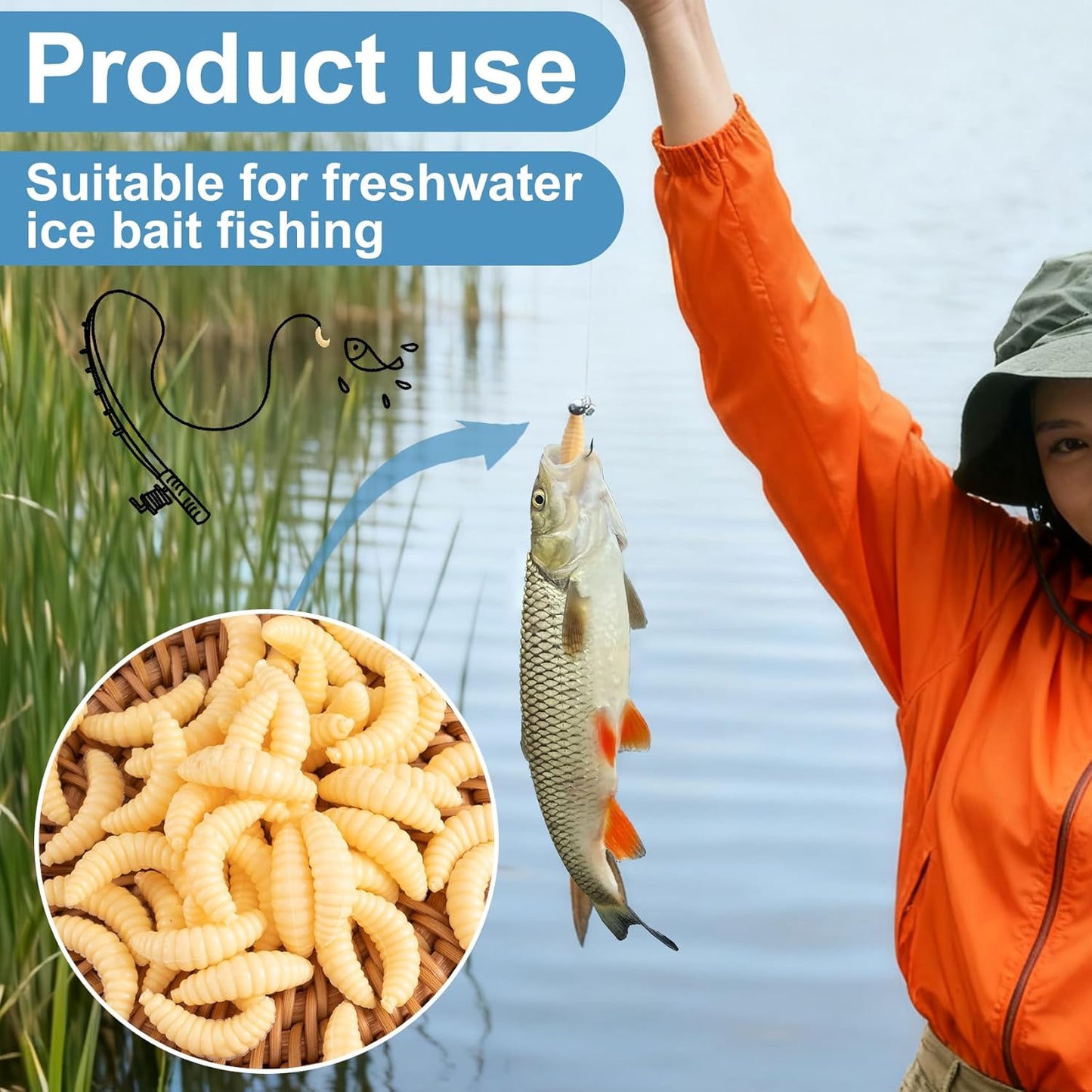 50PCS Fake Worms for Fishing, 20MM Fake Maggots, Fishing Soft Plastic Lures, Micro Lures for Freshwater Ice Lure Fishing Bass, Halloween Decoration