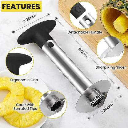 Premium Pineapple Corer and Slicer Tool - Sharp Pineapple Cutter with Serrated Tips - Easy to Use and Clean - Stainless Steel Core Remover for Pineapple - Core Fruits with Ease(Black)