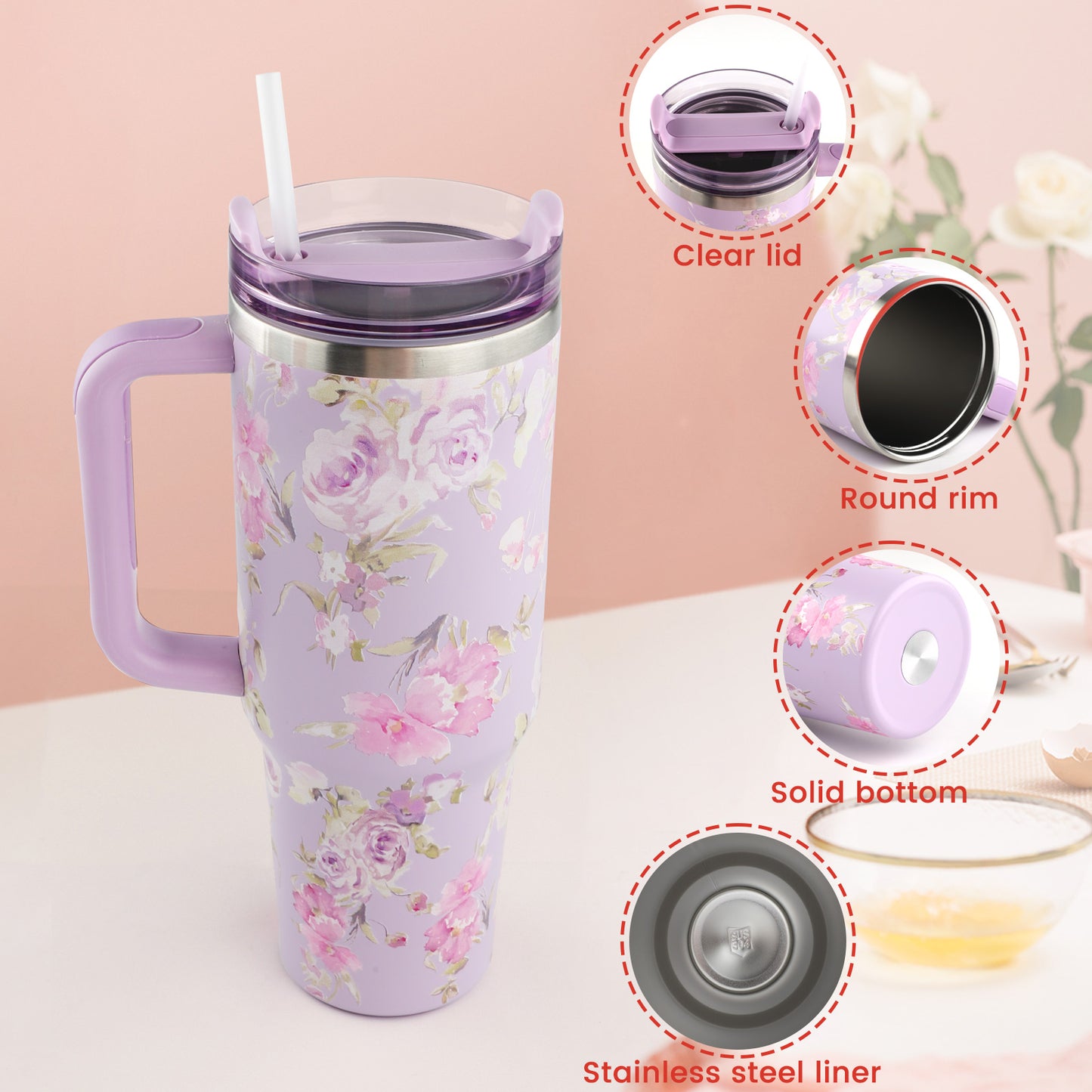 40 oz Flower Tumbler with Handle and Straw,Stainless Steel Insluated Cups Reusable Vacuum Travel Coffee Mug