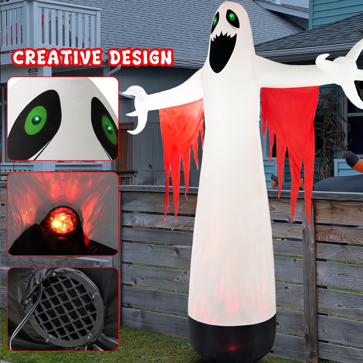 Halloween Inflatables Ghost Outdoor Decorations, Blow up Yard Decor, Spooky Horror Evil with Blinking Red Eyes Built-in LED Flame Lights for Home Holiday Party Balcony Garden Patio Lawn Outside