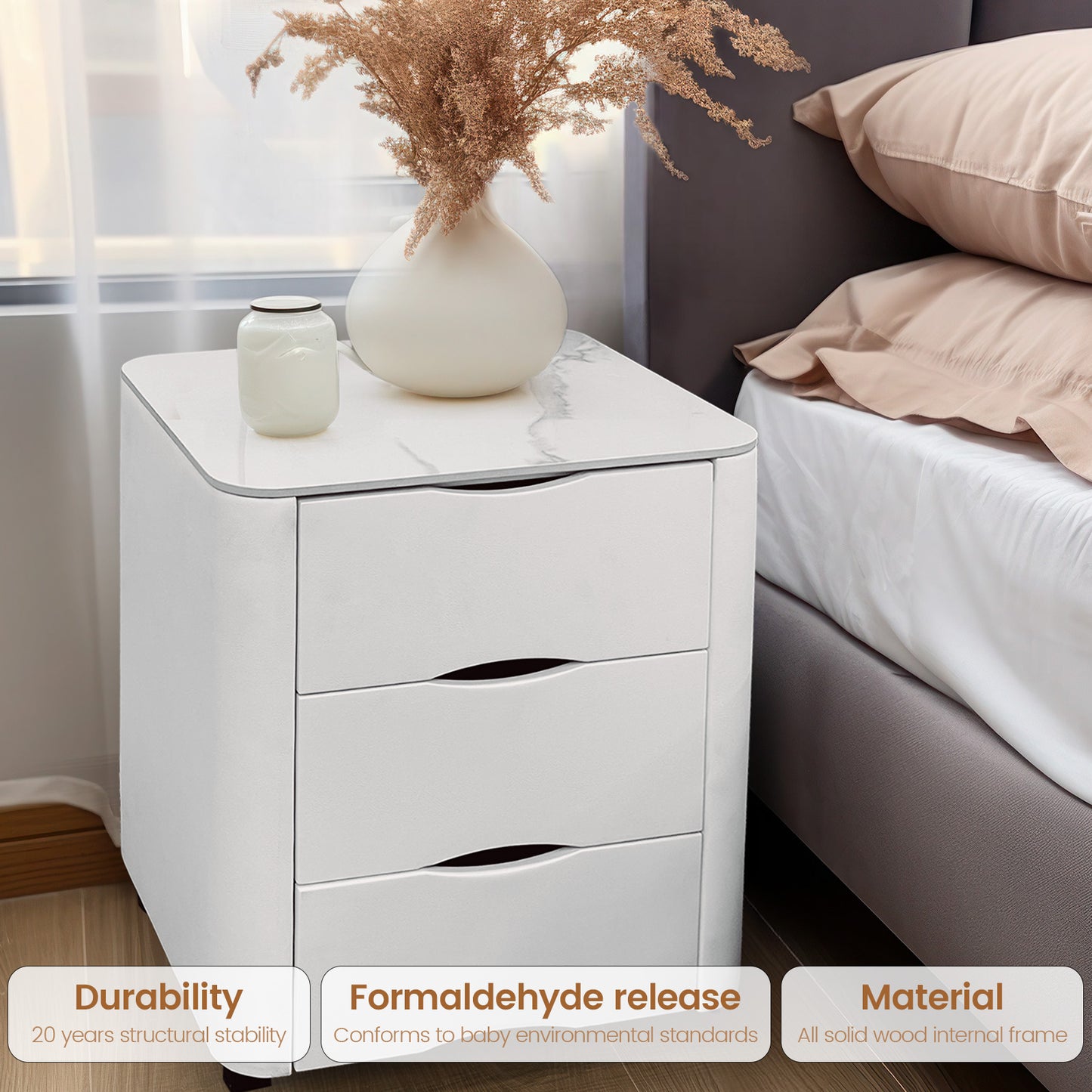 The nightstand has three drawers