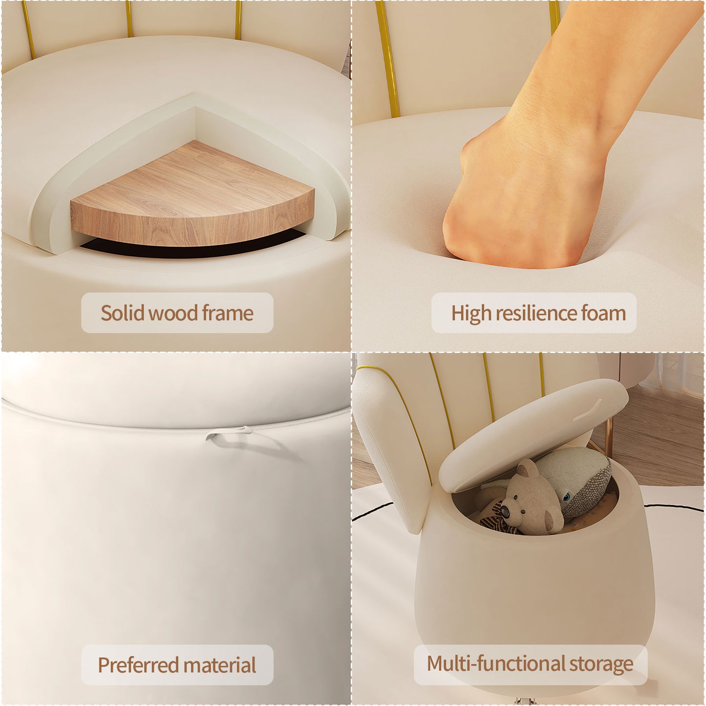 Makeup Vanity Chair,Begonia-Shaped chair Vanity Stool with Built-in Storage and Comfortable Backrest (White)