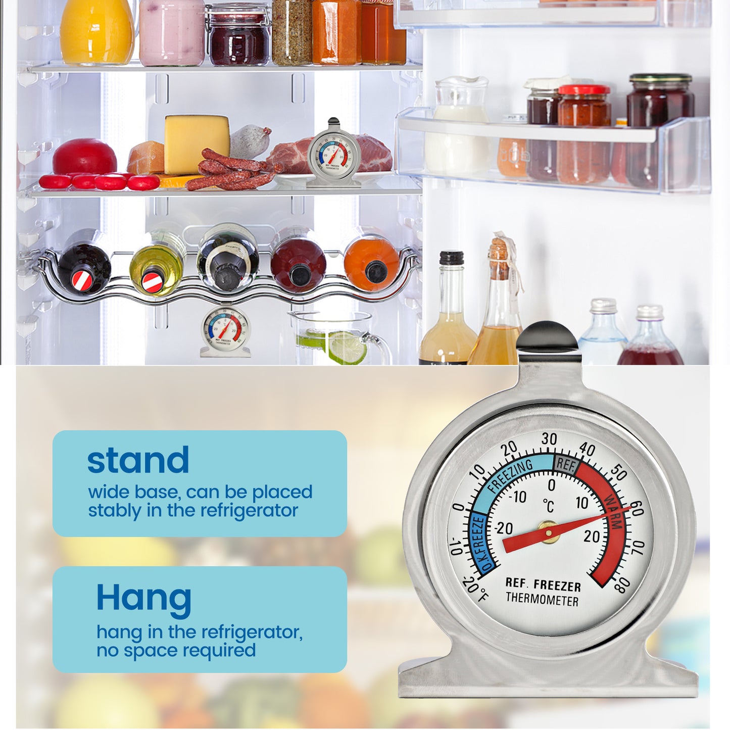 Refrigerator Thermometer, -30~30°C/-20~80°F, Classic Fridge Analog Thermometer Large Dial with Red Indicator Thermometer for Freezer Refrigerator Cooler