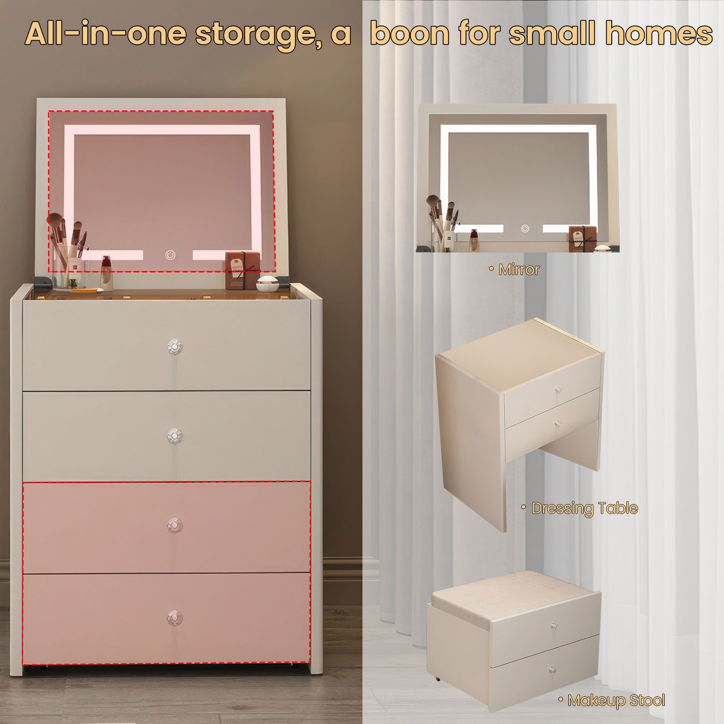 Integrated Small Vanity Desk with Mirror,Flip Top Lighted Mirror Makeup Table,Compact Makeup Vanity with 4 Drawers,Corner Vanity Desk,Soft Makeup Stool,Transparent Top Countertop