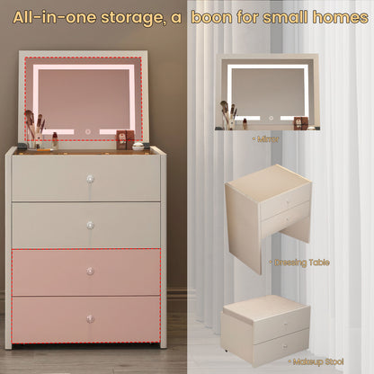Integrated Small Vanity Desk with Mirror,Flip Top Lighted Mirror Makeup Table,Compact Makeup Vanity with 4 Drawers,Corner Vanity Desk,Soft Makeup Stool,Transparent Top Countertop