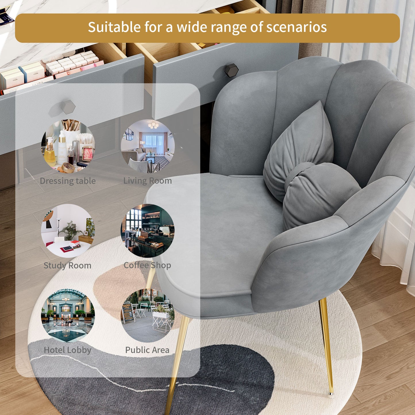 Makeup Vanity Chair,Petal Vanity Chair Leisure Accent Chair with Golden Metal Legs, Vanity Chair for Bedroom Dresser(Grey Gold Chair)