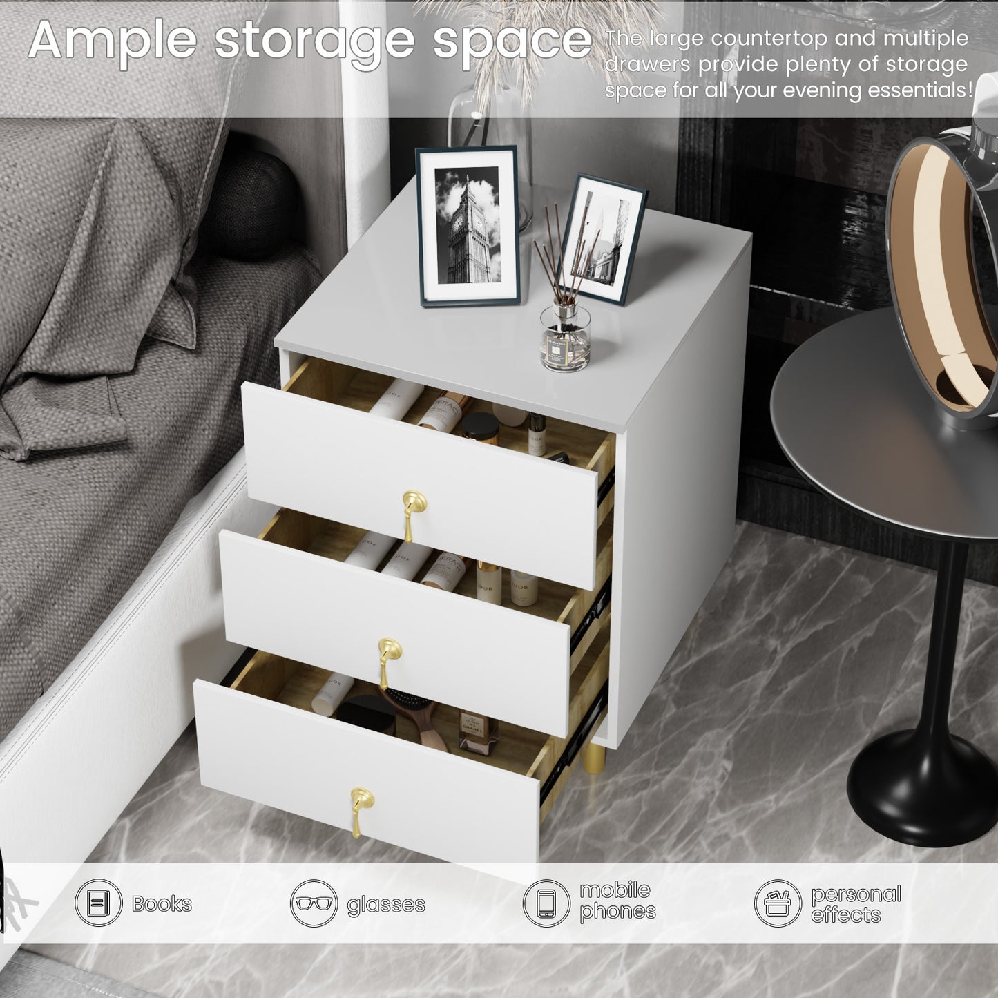 Nightstand with three drawers(White）