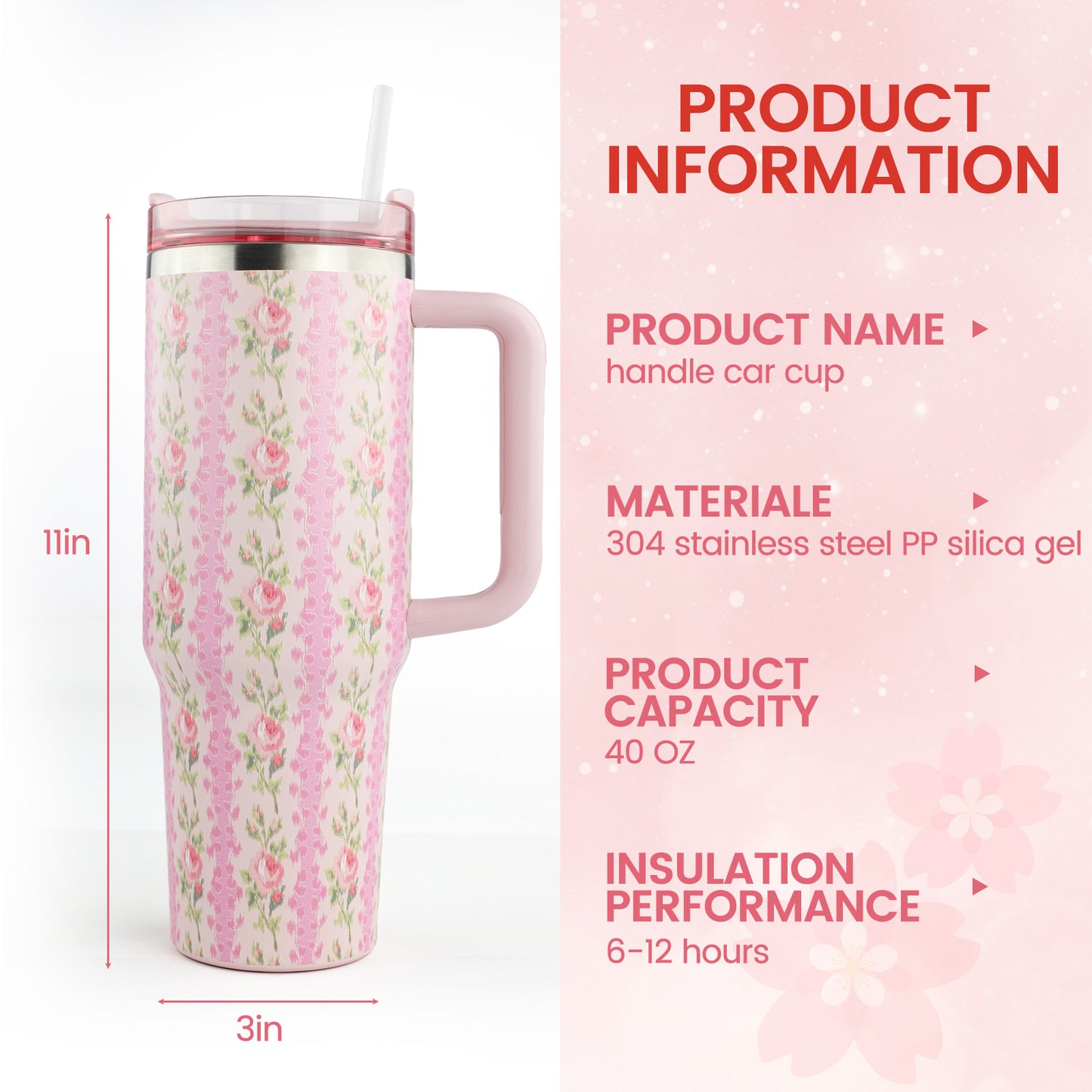 40 oz Flower Tumbler with Handle and Straw,Stainless Steel Insluated Cups Reusable Vacuum Travel Coffee Mug