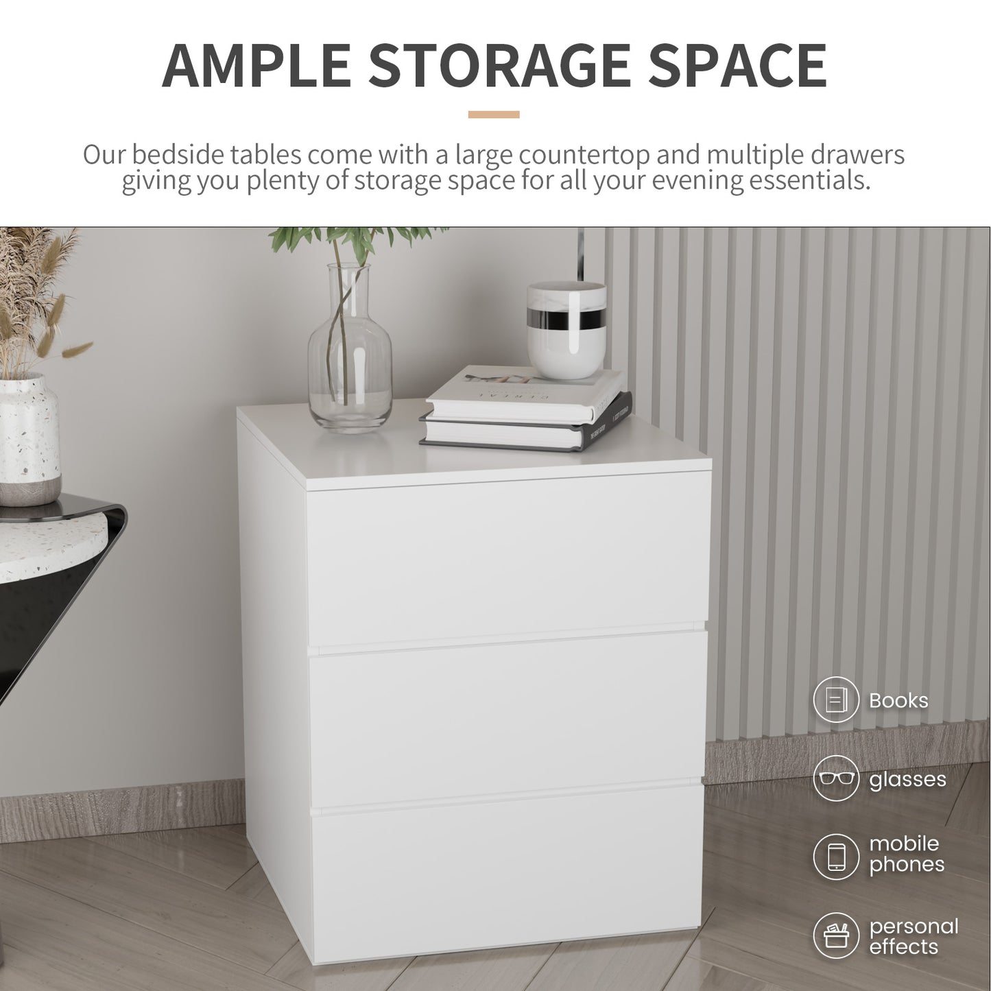 Press Type Nightstand with three drawers(White)