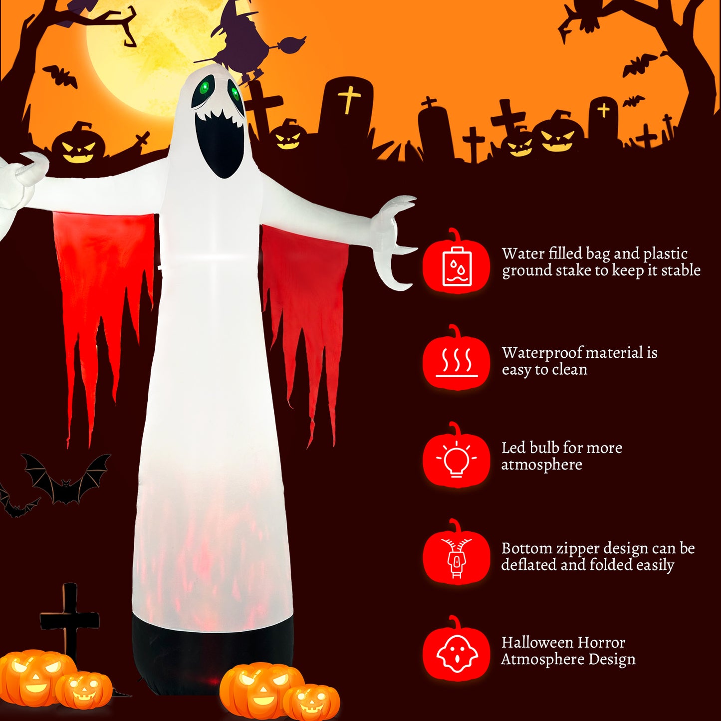 Halloween Inflatables Ghost Outdoor Decorations, Blow up Yard Decor, Spooky Horror Evil with Blinking Red Eyes Built-in LED Flame Lights for Home Holiday Party Balcony Garden Patio Lawn Outside