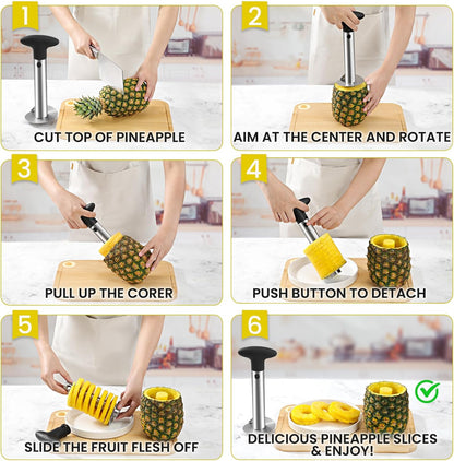 Premium Pineapple Corer and Slicer Tool - Sharp Pineapple Cutter with Serrated Tips - Easy to Use and Clean - Stainless Steel Core Remover for Pineapple - Core Fruits with Ease(Black)