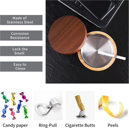 Wooden Ashtray with Lid for Smokers Stainless Steel Liner Ash Tray Windproof Durable Easy to Clean Cool Ashtrays for Indoor or Outdoor Use, Patio, Office & Home