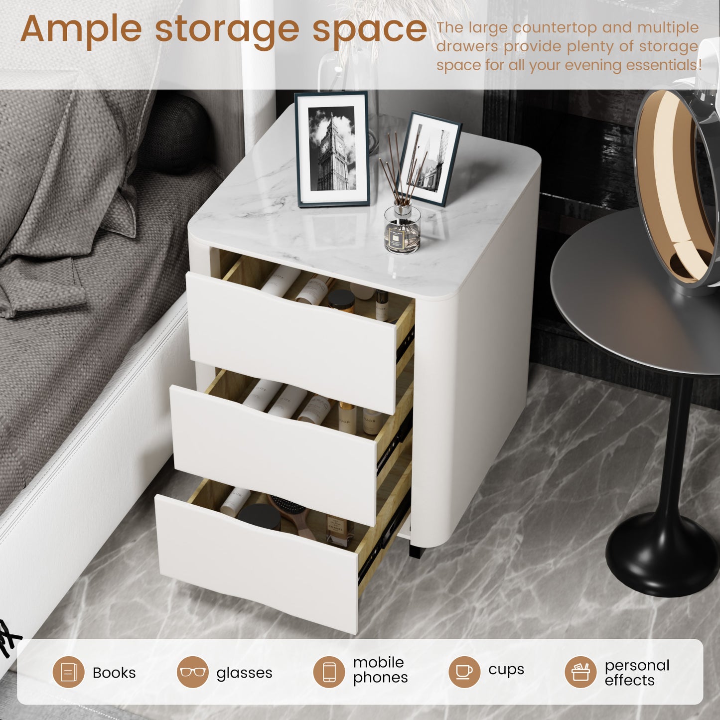 The nightstand has three drawers