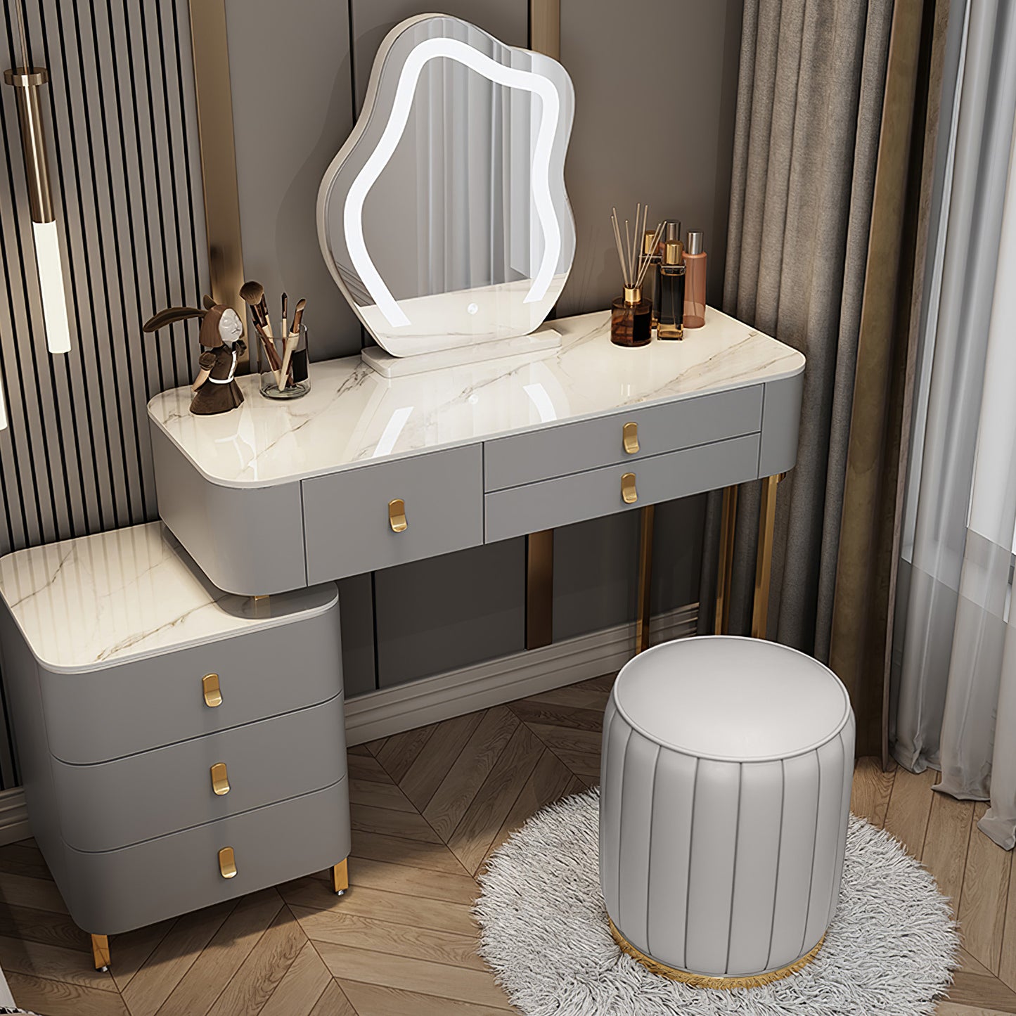 Makeup Vanity Chair,Petal Vanity Chair Leisure Accent Chair with Golden Metal Legs, Vanity Chair for Bedroom Dresser(Grey Round Stool)