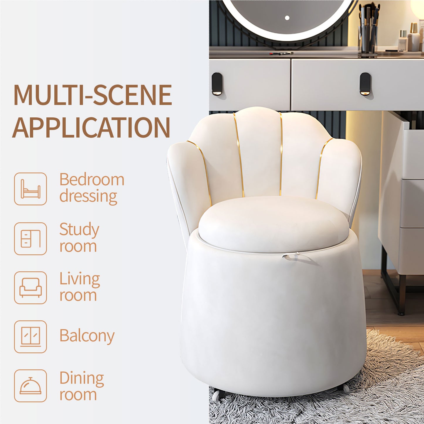 Makeup Vanity Chair,Begonia-Shaped chair Vanity Stool with Built-in Storage and Comfortable Backrest (White)