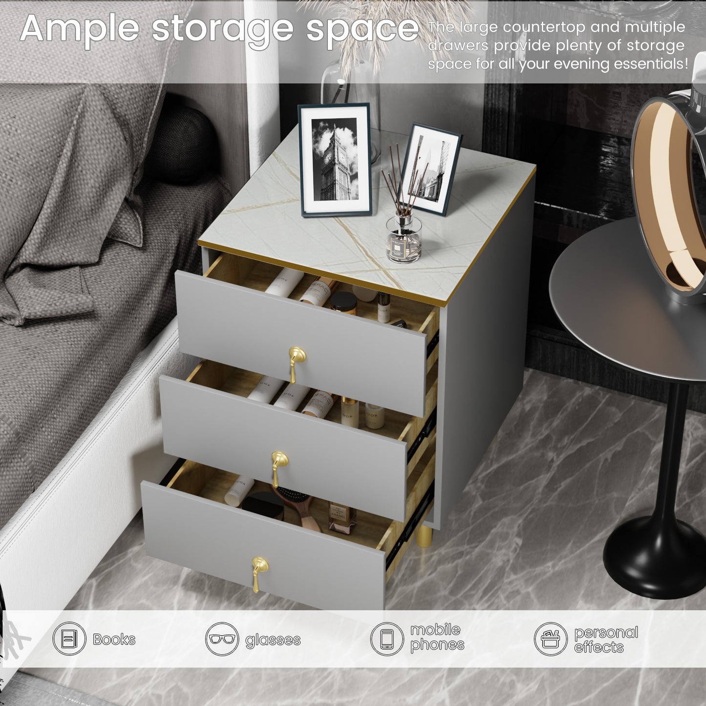 Nightstand with three drawers(Gray）