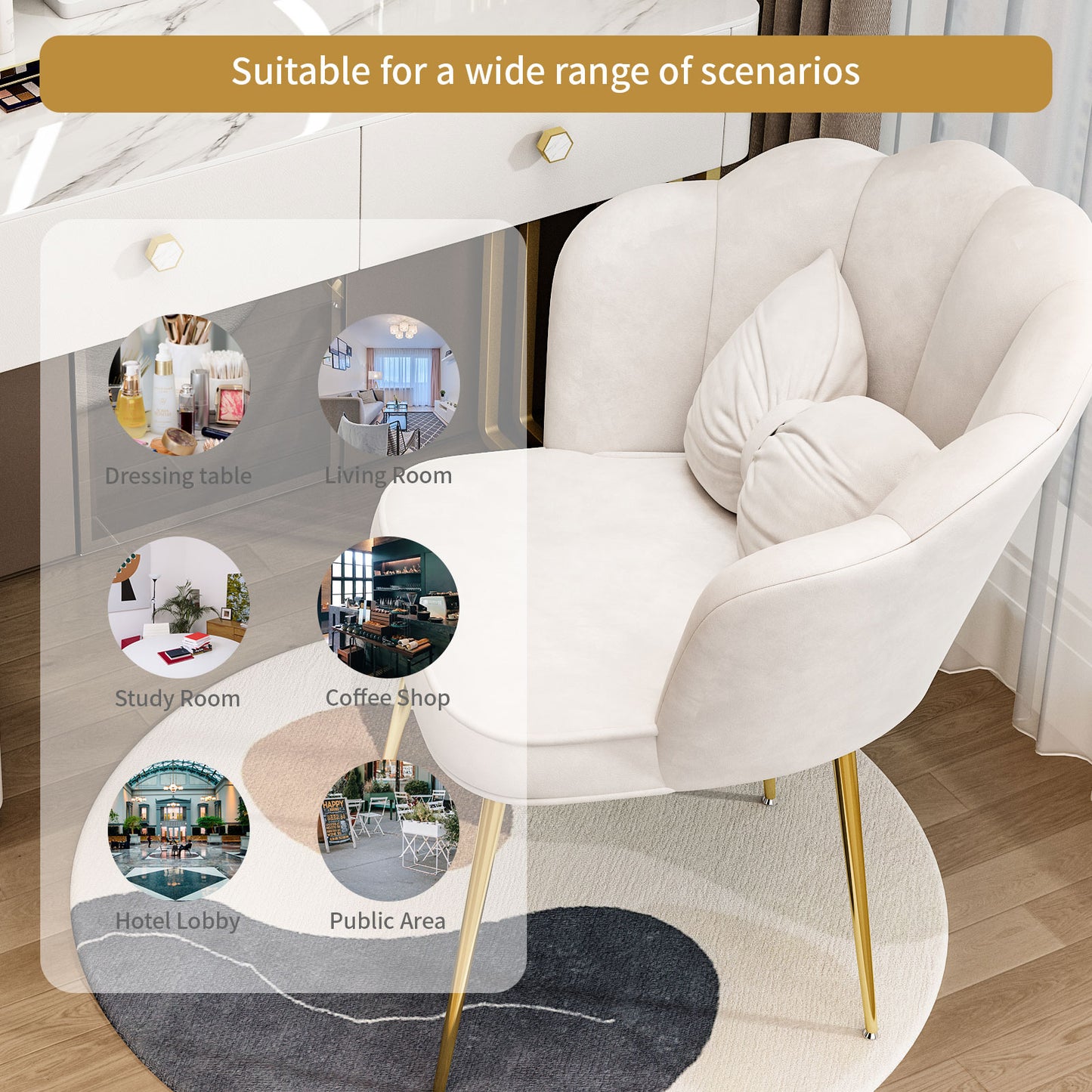 Petal Vanity Chair for Makeup Room - Vanity Chair with Metal Legs, Makeup Chair for Bedroom (White)